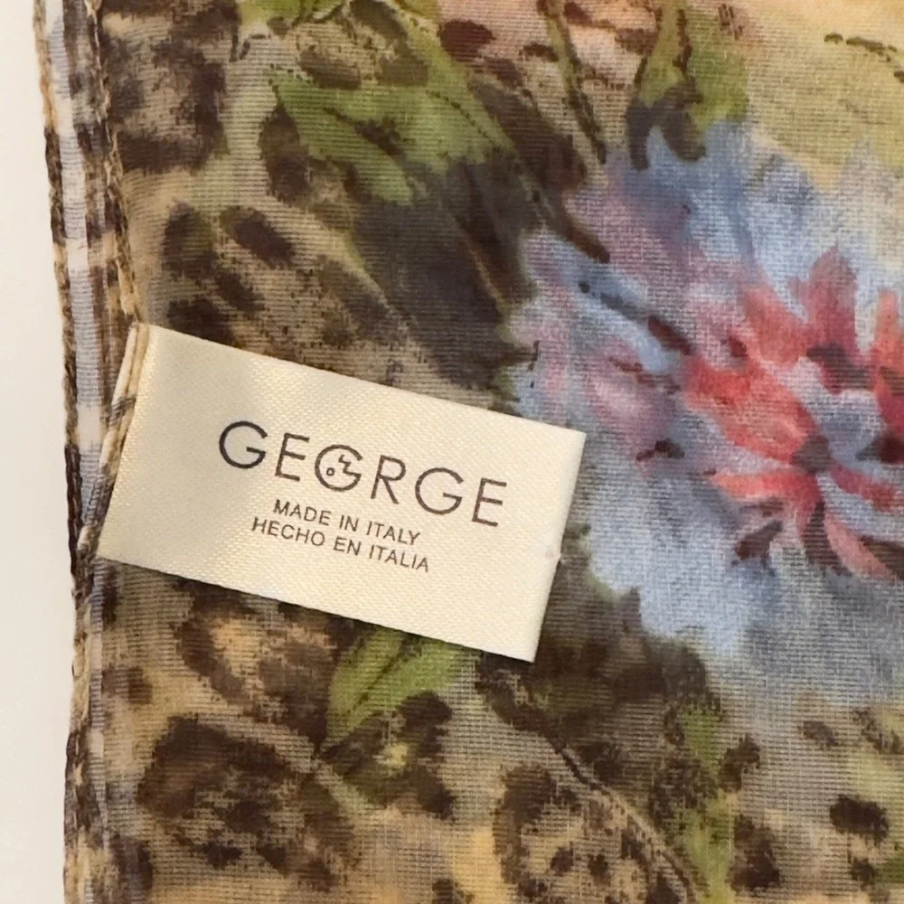 George Italy Square Scarf Leopard Floral Animal Print Cream Blue CottageCore